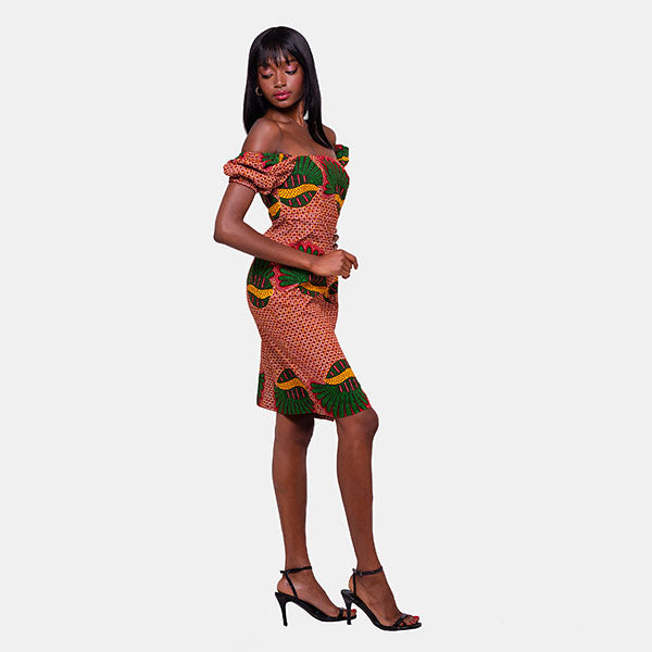 African Print Chidi Puff Sleeve Midi Dress