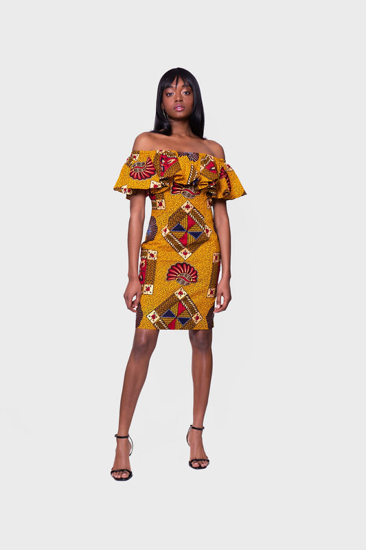 African Print Zahara Bardot Frill Off Shoulder Midi Dress