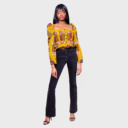 African Print Nala Cropped Frill Hem Puff Sleeve Blouse