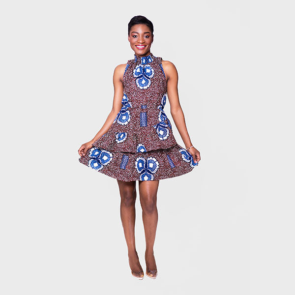 African Print Amari High Neck Ruffle Layered Dress
