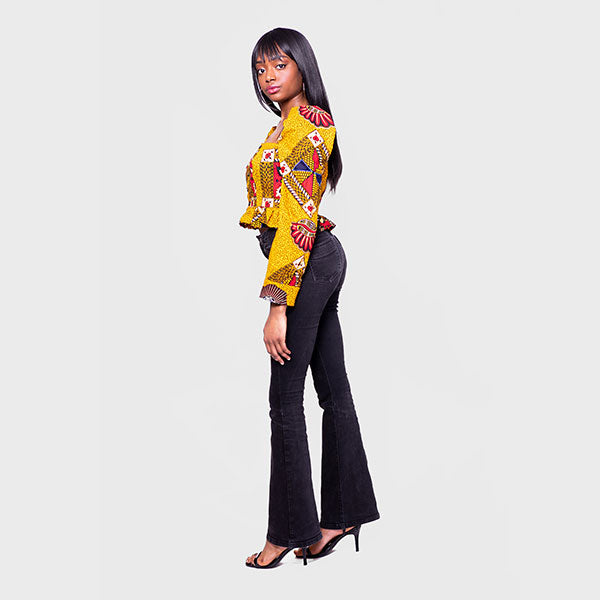 African Print Nala Cropped Frill Hem Puff Sleeve Blouse