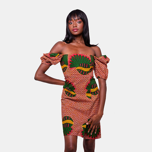 African Print Chidi Puff Sleeve Midi Dress