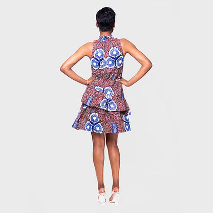 African Print Amari High Neck Ruffle Layered Dress