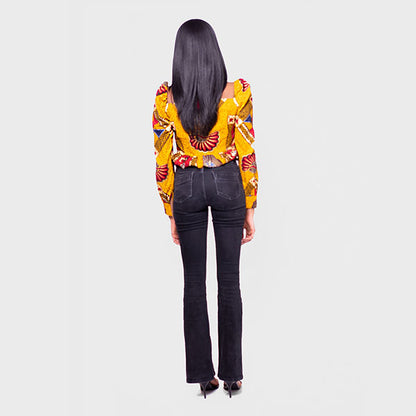 African Print Nala Cropped Frill Hem Puff Sleeve Blouse