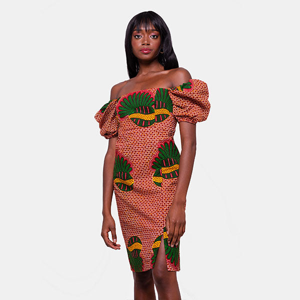 African Print Chidi Puff Sleeve Midi Dress