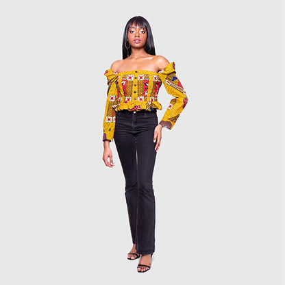 African Print Nala Cropped Frill Hem Puff Sleeve Blouse